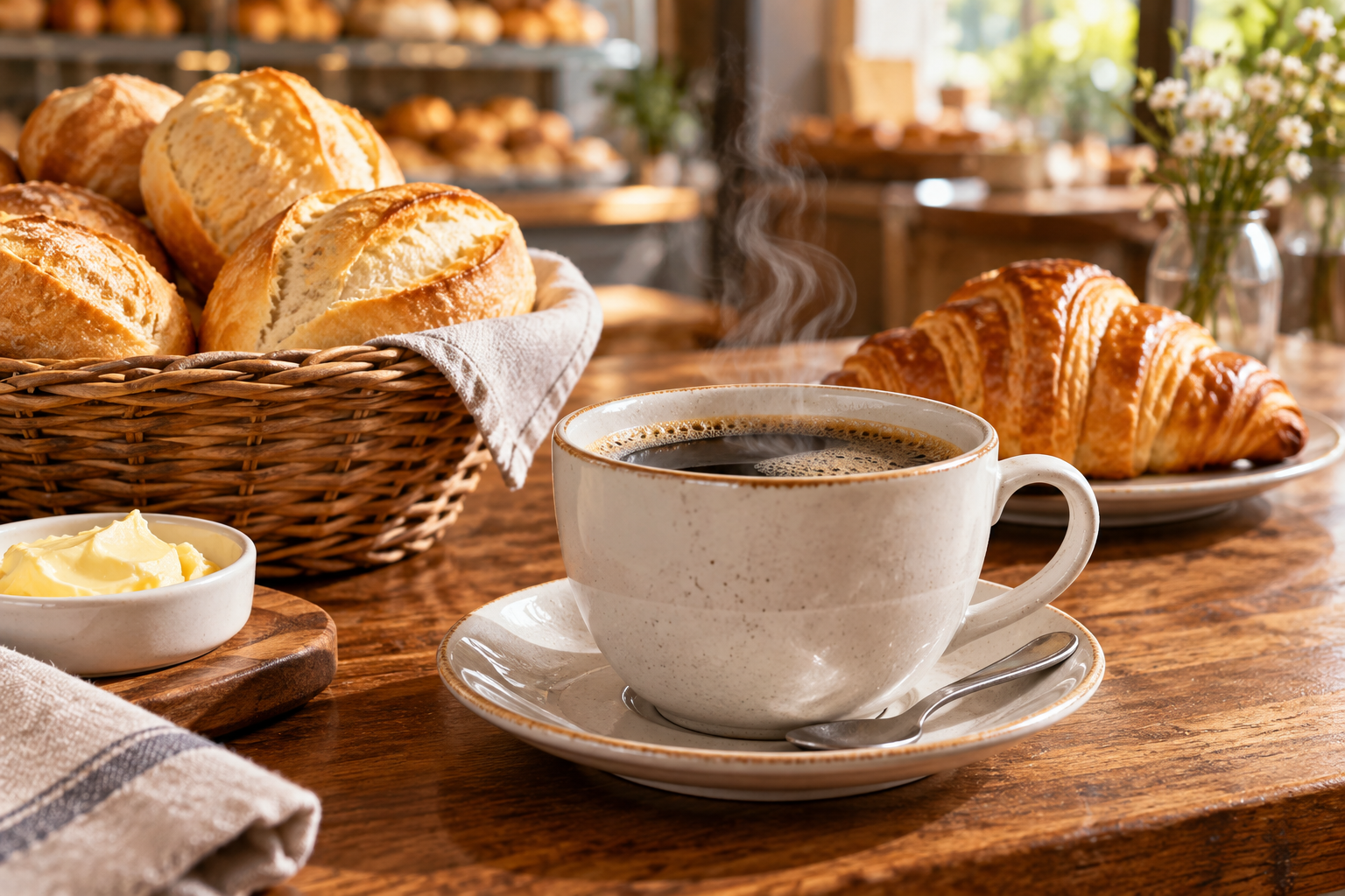 Café fresquinho com pães da Padoka